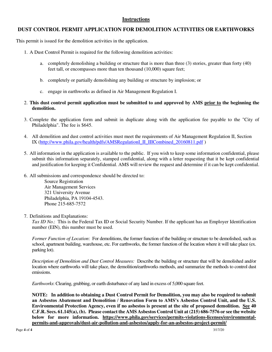 Dust Control Permit Application for Demolition Activities or Earthworks - City of Philadelphia, Pennsylvania, Page 4