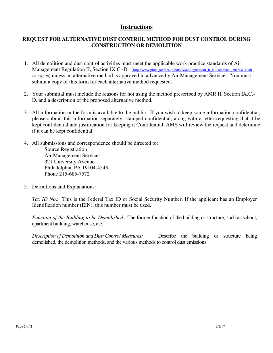 Request for Alternative Dust Control Method During Construction or Demolition - City of Philadelphia, Pennsylvania, Page 2