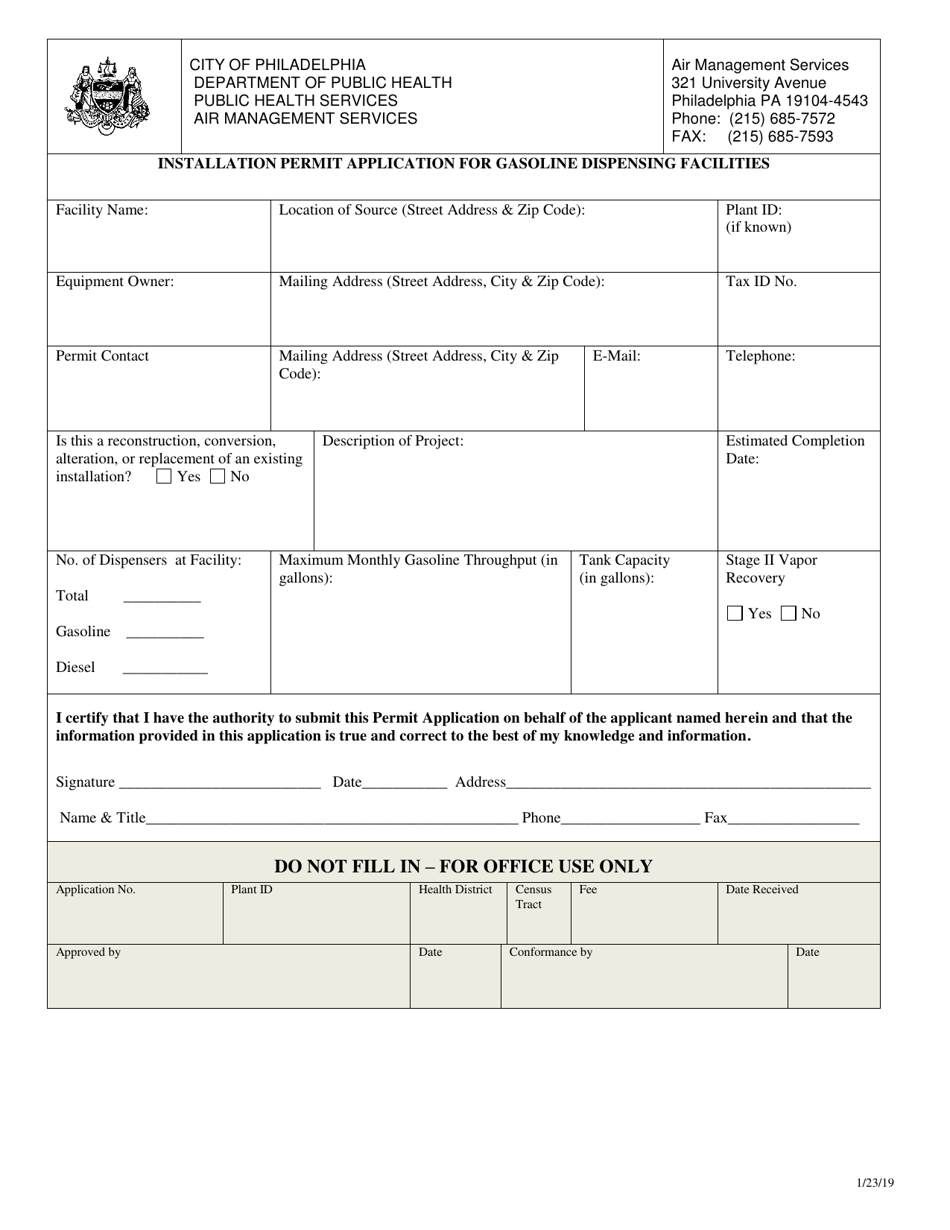 Installation Permit Application for Gasoline Dispensing Facilities - City of Philadelphia, Pennsylvania, Page 1