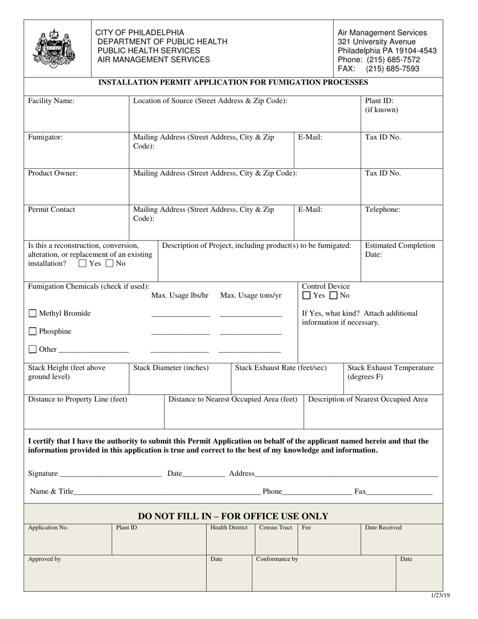 Installation Permit Application for Fumigation Processes - City of Philadelphia, Pennsylvania, Page 1