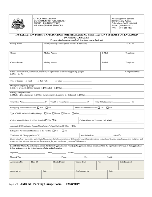 Installation Permit Application for Mechanical Ventilation Systems for Enclosed Parking Garages - City of Philadelphia, Pennsylvania Download Pdf