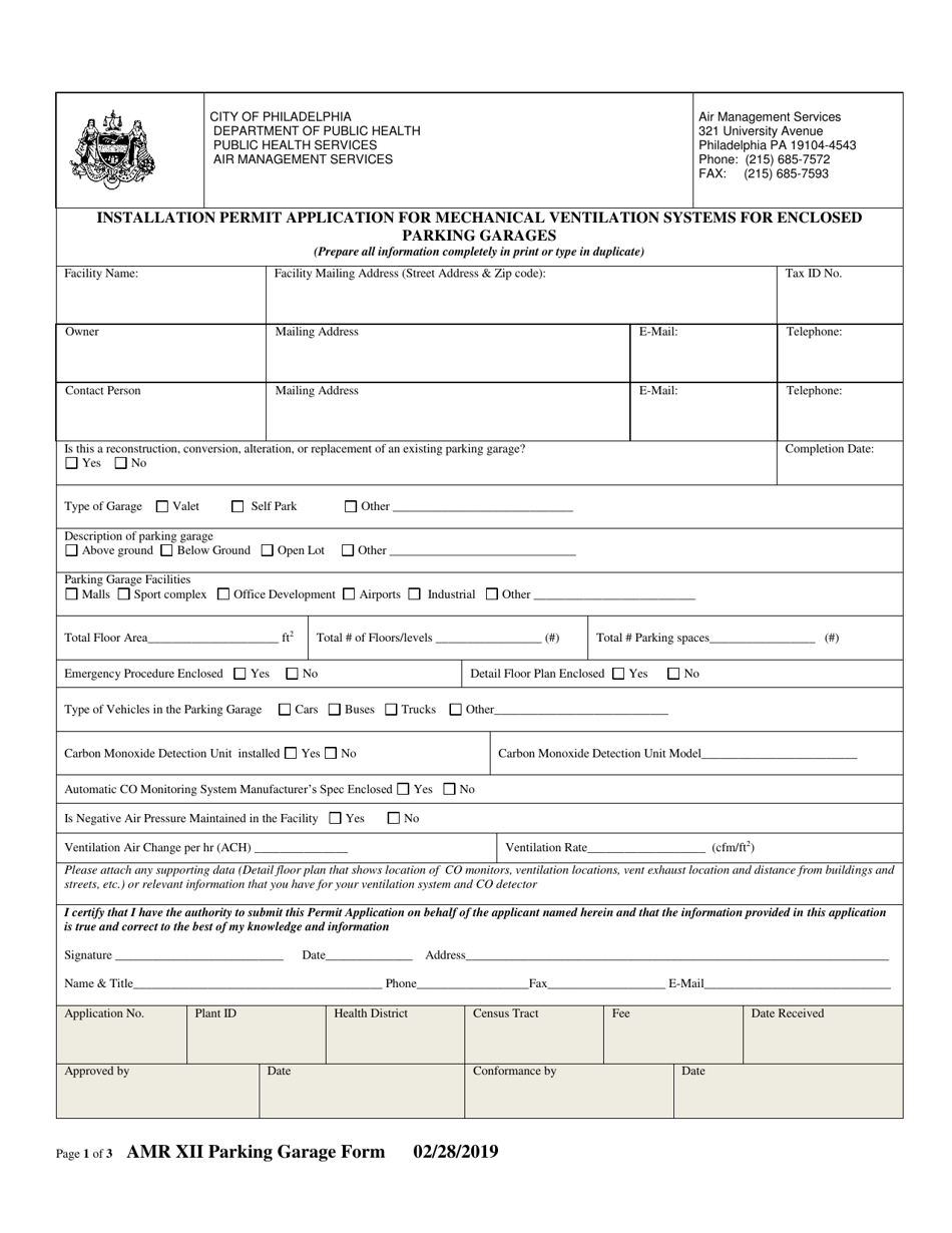Installation Permit Application for Mechanical Ventilation Systems for Enclosed Parking Garages - City of Philadelphia, Pennsylvania, Page 1