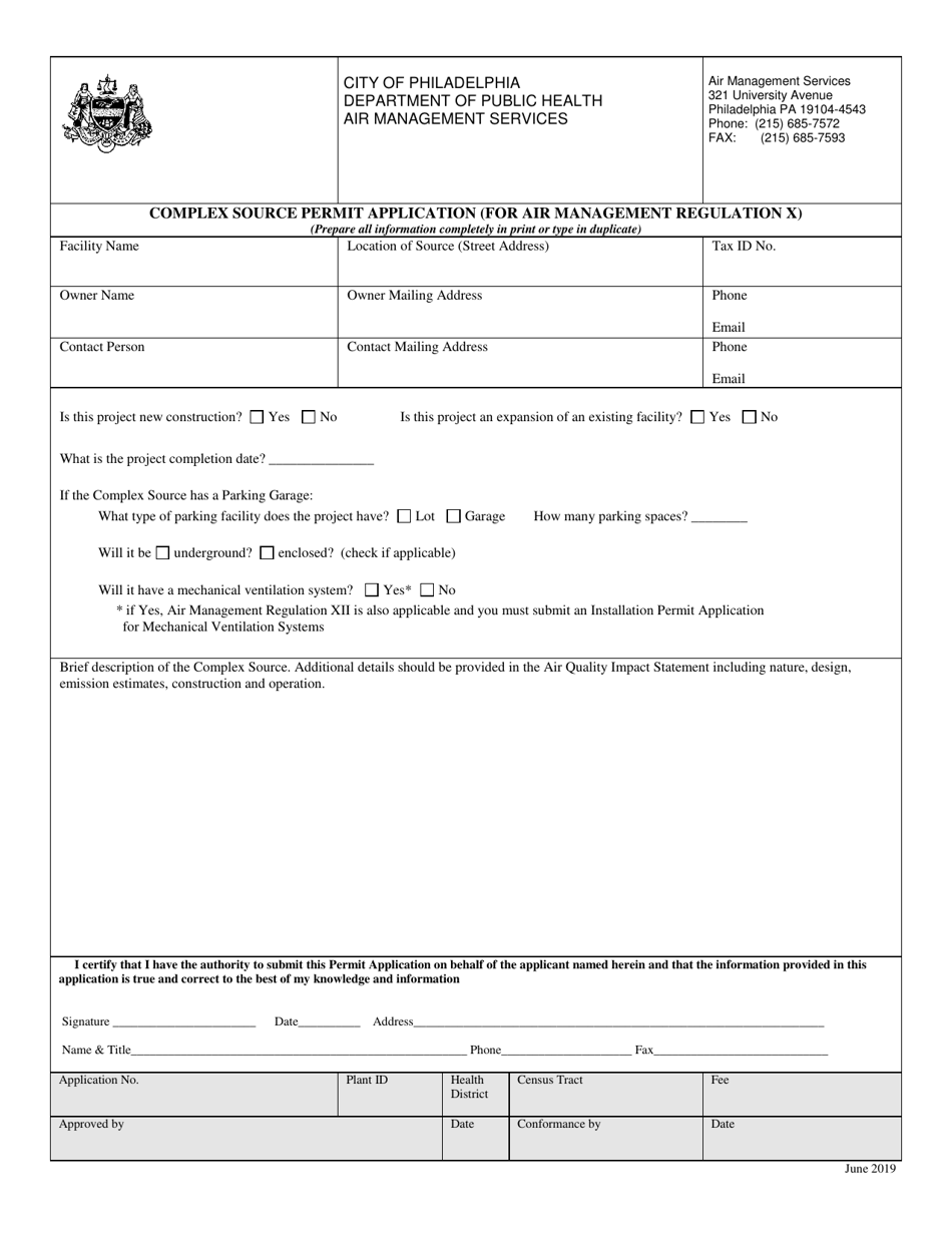City of Philadelphia, Pennsylvania Complex Source Permit Application