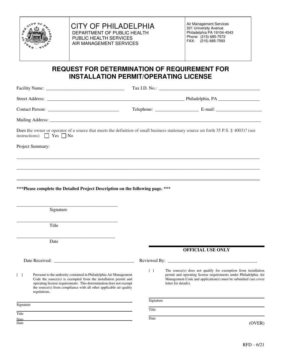 Request for Determination of Requirement for Installation Permit / Operating License - City of Philadelphia, Pennsylvania, Page 1