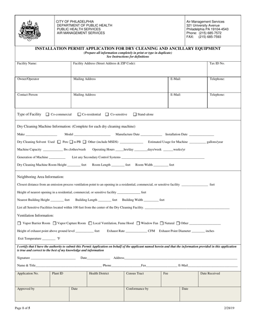Installation Permit Application for Dry Cleaning and Ancillary Equipment - City of Philadelphia, Pennsylvania Download Pdf