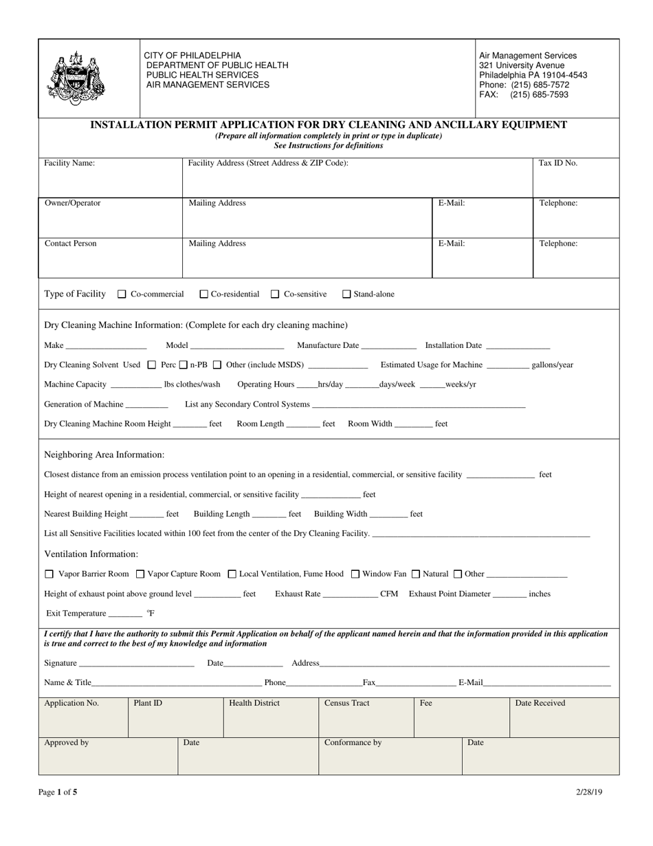City of Philadelphia, Pennsylvania Installation Permit Application for