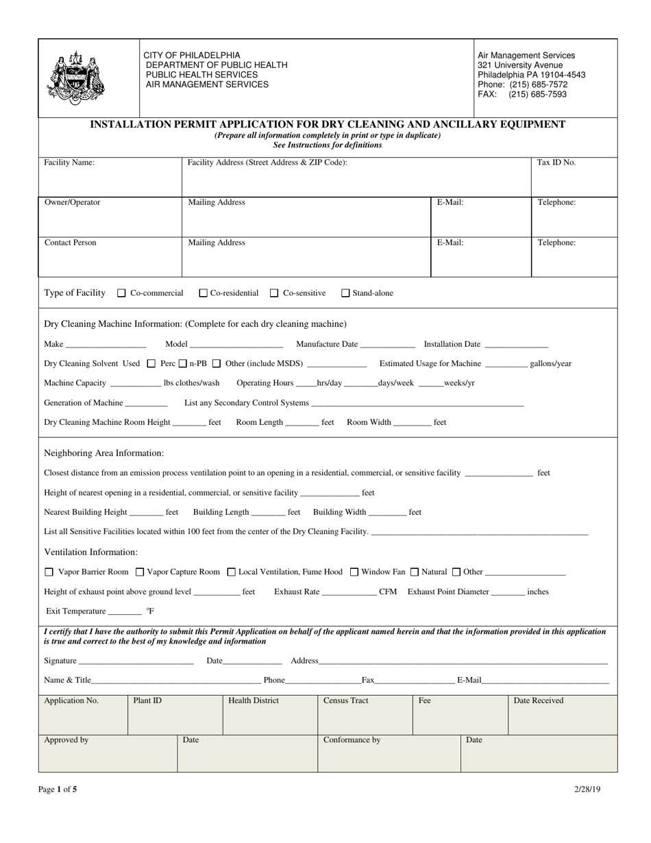 Installation Permit Application for Dry Cleaning and Ancillary Equipment - City of Philadelphia, Pennsylvania, Page 1