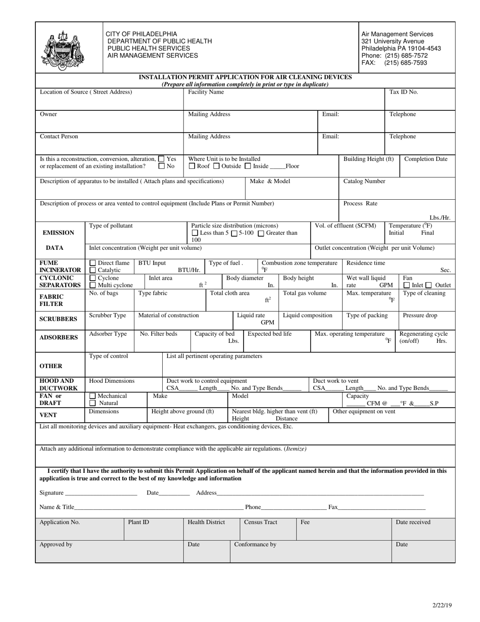 Installation Permit Application for Air Cleaning Devices - City of Philadelphia, Pennsylvania, Page 1