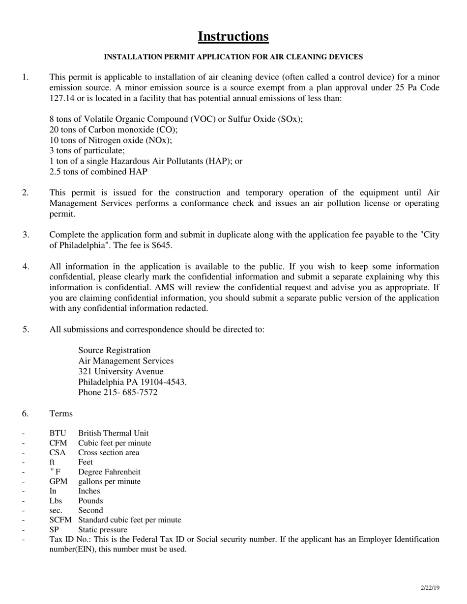 Installation Permit Application for Air Cleaning Devices - City of Philadelphia, Pennsylvania, Page 2