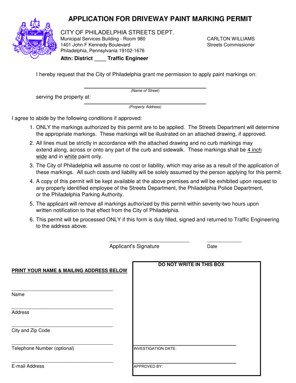 Application for Driveway Paint Marking Permit - City of Philadelphia, Pennsylvania, Page 1