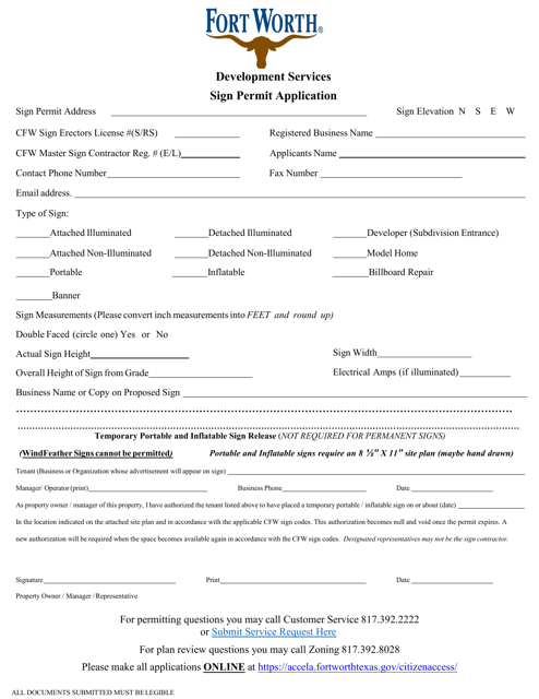 Sign Permit Application - City of Fort Worth, Texas Download Pdf