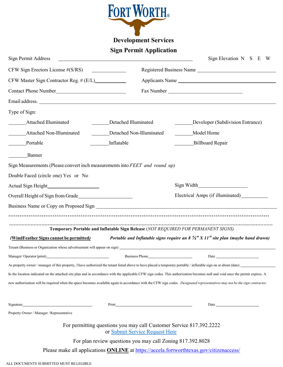 City of Fort Worth, Texas Sign Permit Application Fill Out, Sign