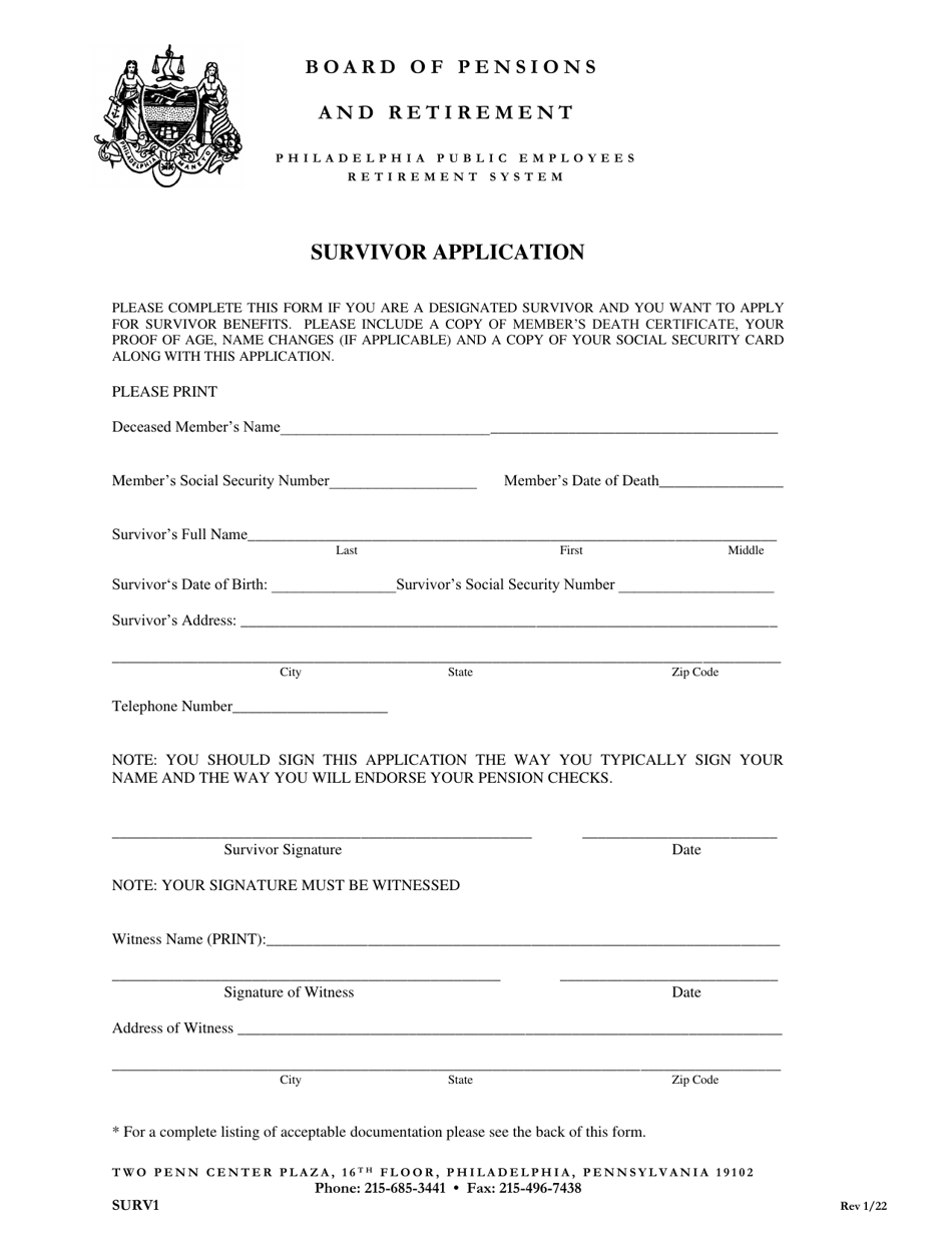 Survivor Application - City of Philadelphia, Pennsylvania, Page 1