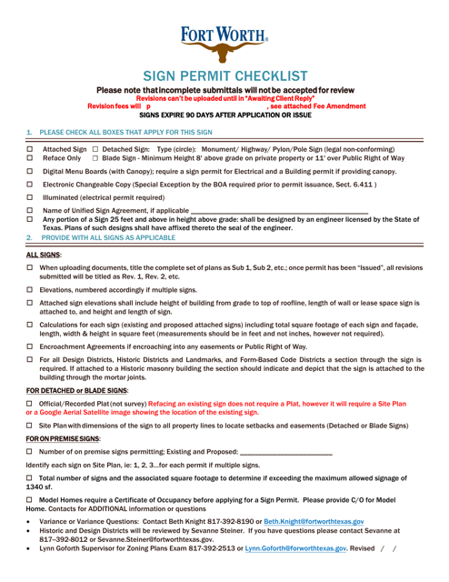 Sign Permit Checklist - City of Fort Worth, Texas Download Pdf