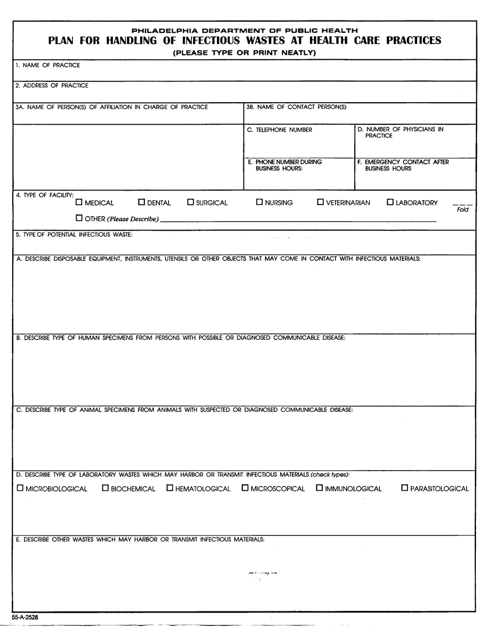 Form 55-A-2528 Plan for Handling of Infectious Wastes at Health Care Practices - City of Philadelphia, Pennsylvania, Page 1