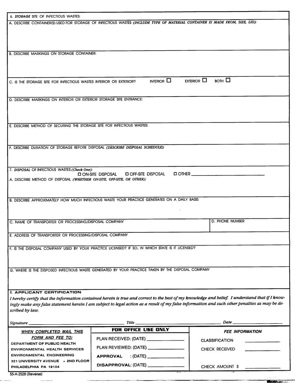 Form 55-A-2528 Plan for Handling of Infectious Wastes at Health Care Practices - City of Philadelphia, Pennsylvania, Page 2