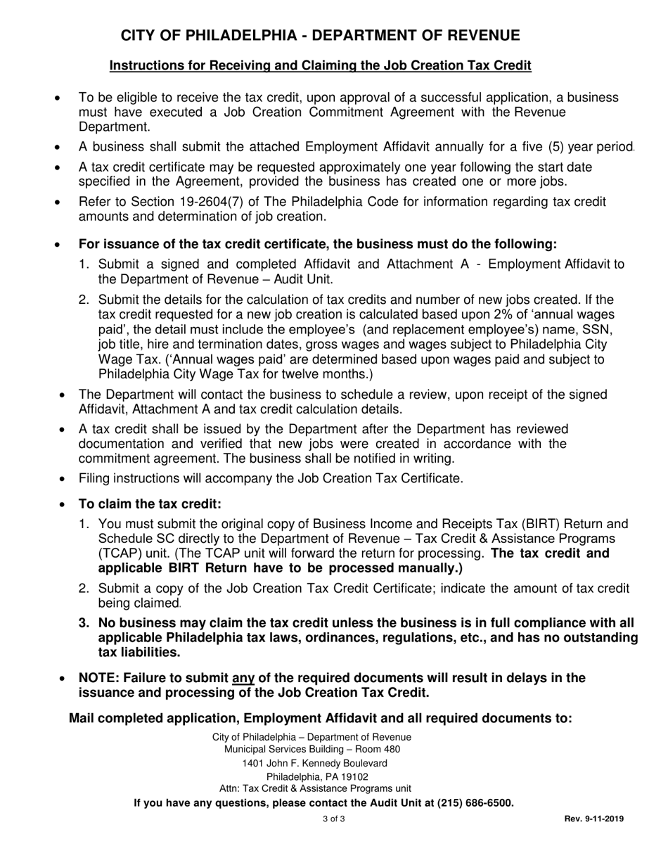 Application for Issuance of Job Creation Tax Credit Certificate - City of Philadelphia, Pennsylvania, Page 3