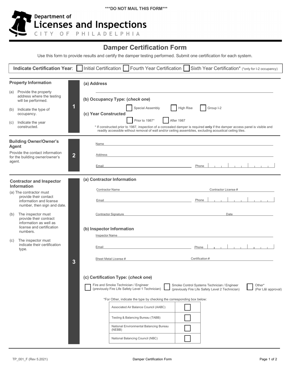 Form TP_001_F Damper Certification Form - City of Philadelphia, Pennsylvania, Page 1