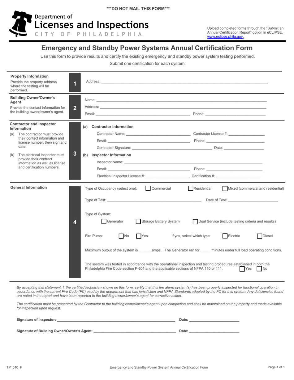Form TP_010_F Emergency and Standby Power Systems Annual Certification Form - City of Philadelphia, Pennsylvania, Page 1