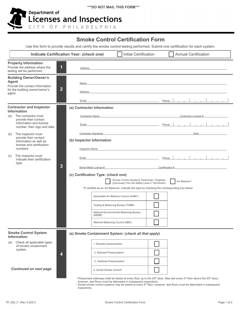 Form TP_002_F Smoke Control Certification Form - City of Philadelphia, Pennsylvania, Page 1