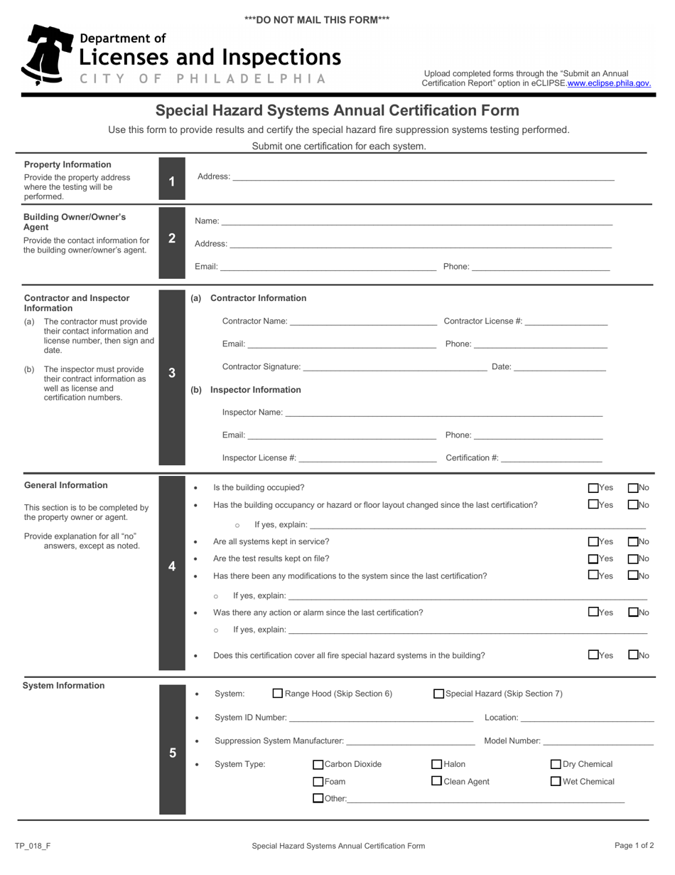 Form TP_018_F Special Hazard Systems Annual Certification Form - City of Philadelphia, Pennsylvania, Page 1