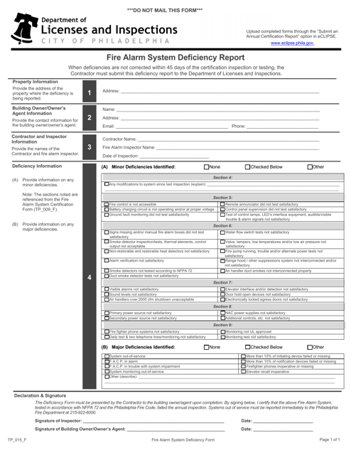 Form TP_015_F Fire Alarm System Deficiency Report - City of Philadelphia, Pennsylvania
