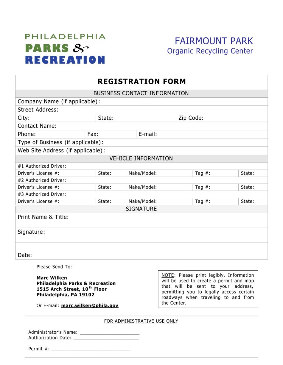 Fairmount Park Organic Recycling Center Registration Form - City of Philadelphia, Pennsylvania, Page 1