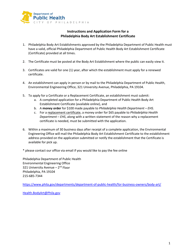 Document preview: Body Art Establishment Certificate Application - City of Philadelphia, Pennsylvania