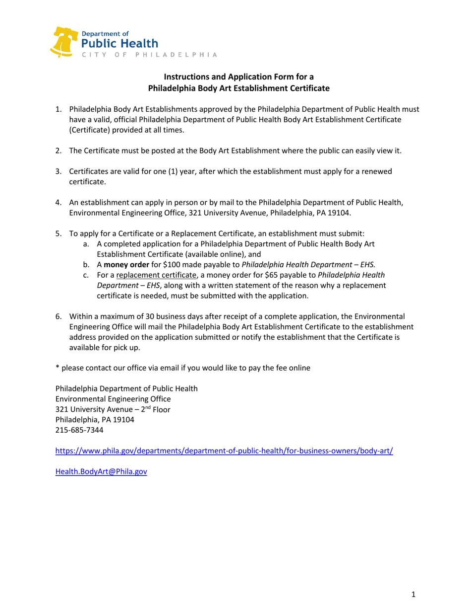 City of Philadelphia, Pennsylvania Body Art Establishment Certificate