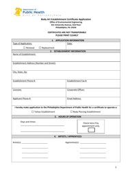 Body Art Establishment Certificate Application - City of Philadelphia, Pennsylvania, Page 2