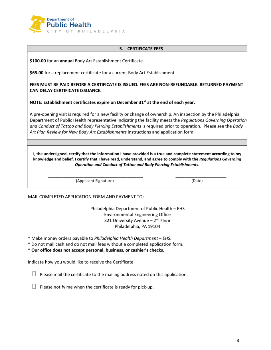Body Art Establishment Certificate Application - City of Philadelphia, Pennsylvania, Page 3