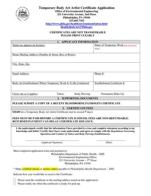 Temporary Body Art Artist Certificate Application - City of Philadelphia, Pennsylvania Download Pdf