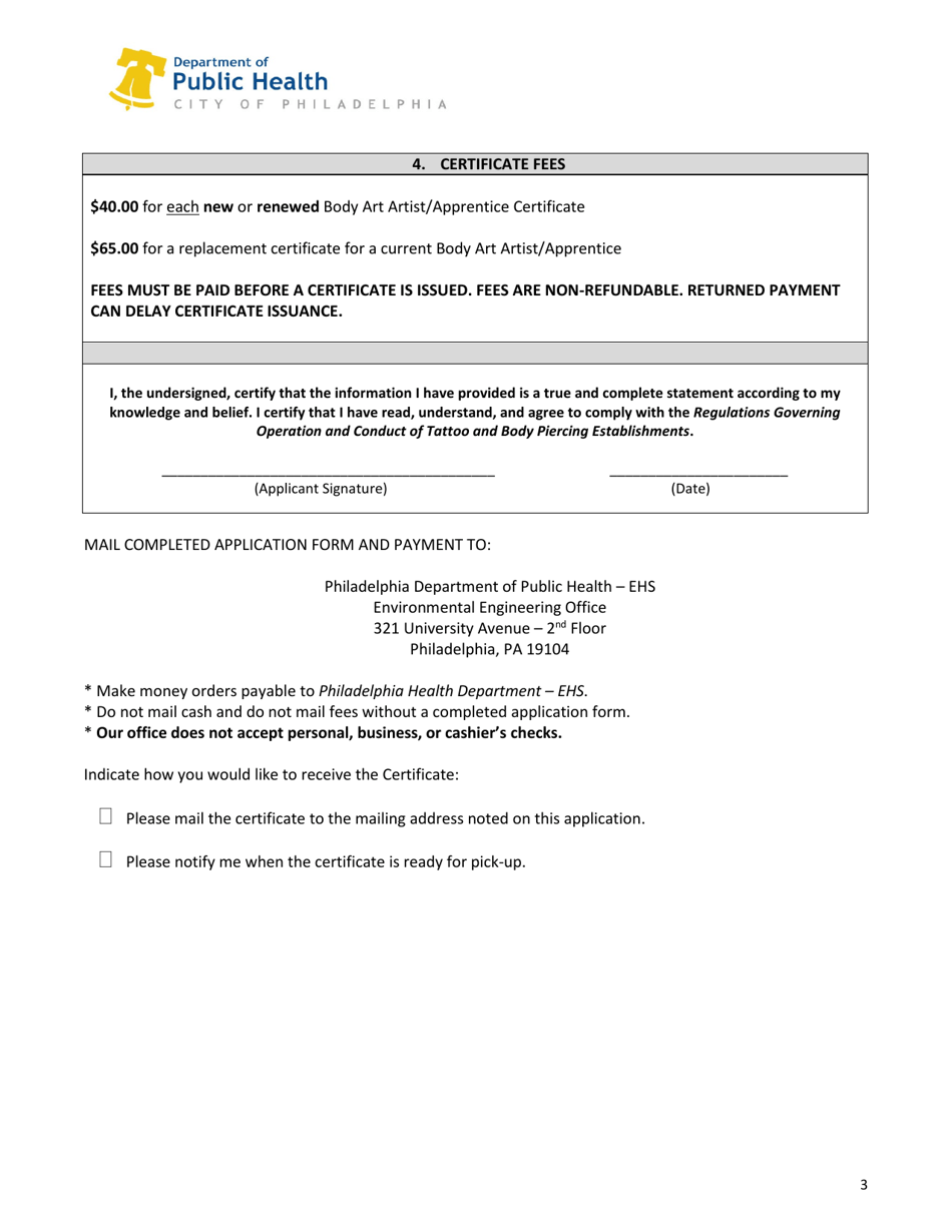 Body Art Artist / Apprentice Certificate Application - City of Philadelphia, Pennsylvania, Page 3