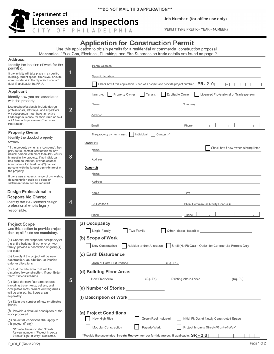 Form P_001_F Application for Construction Permit - City of Philadelphia, Pennsylvania, Page 1