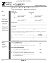 Form AB (L_039_F) &quot;Application for a Private/Public Dumpster License&quot; - City of Philadelphia, Pennsylvania