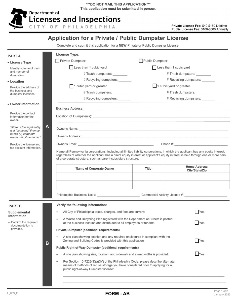 Form AB (L_039_F) Application for a Private / Public Dumpster License - City of Philadelphia, Pennsylvania, Page 1