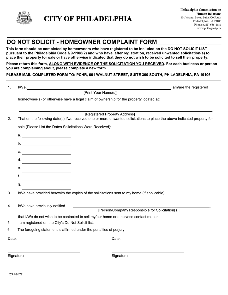 Do Not Solicit - Homeowner Complaint Form - City of Philadelphia, Pennsylvania, Page 1