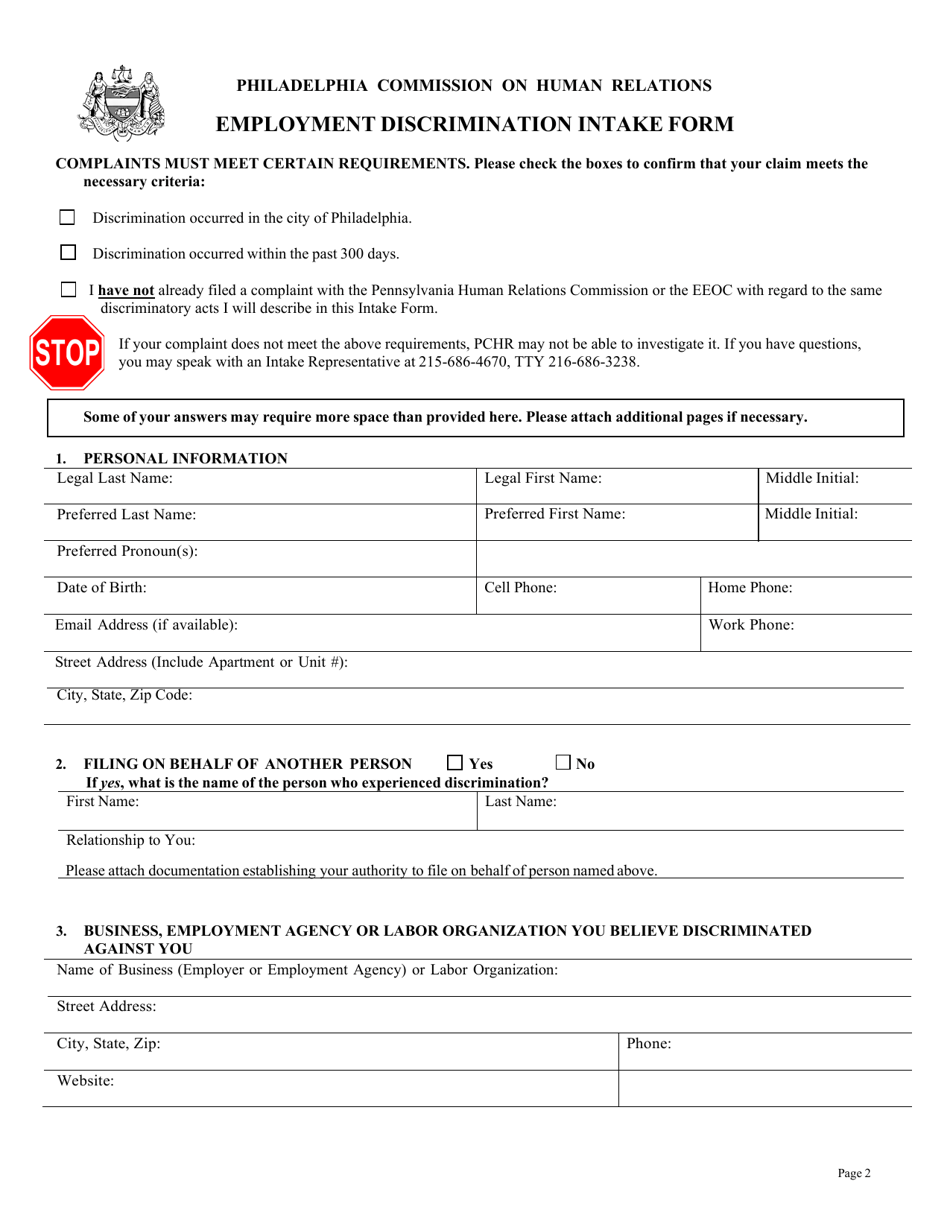Employment Discrimination Intake Form - City of Philadelphia, Pennsylvania, Page 2