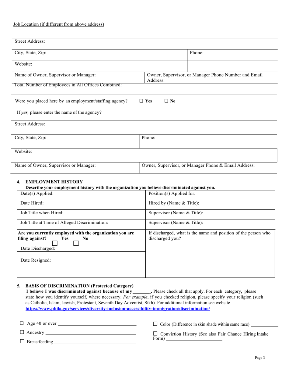 Employment Discrimination Intake Form - City of Philadelphia, Pennsylvania, Page 3