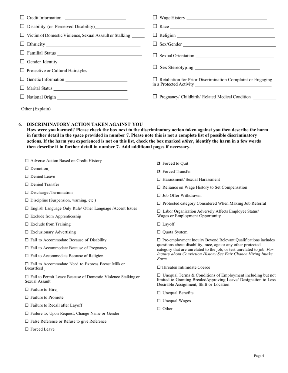 Employment Discrimination Intake Form - City of Philadelphia, Pennsylvania, Page 4