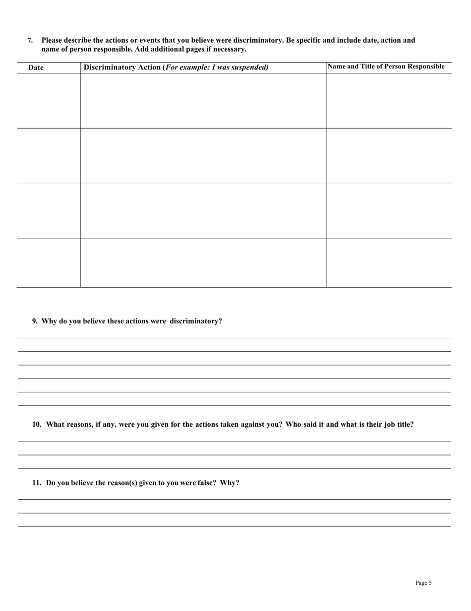 Employment Discrimination Intake Form - City of Philadelphia, Pennsylvania, Page 5