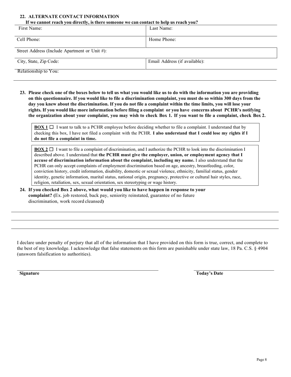 Employment Discrimination Intake Form - City of Philadelphia, Pennsylvania, Page 8
