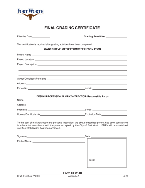 Form CFW-10 Appendix A  Printable Pdf