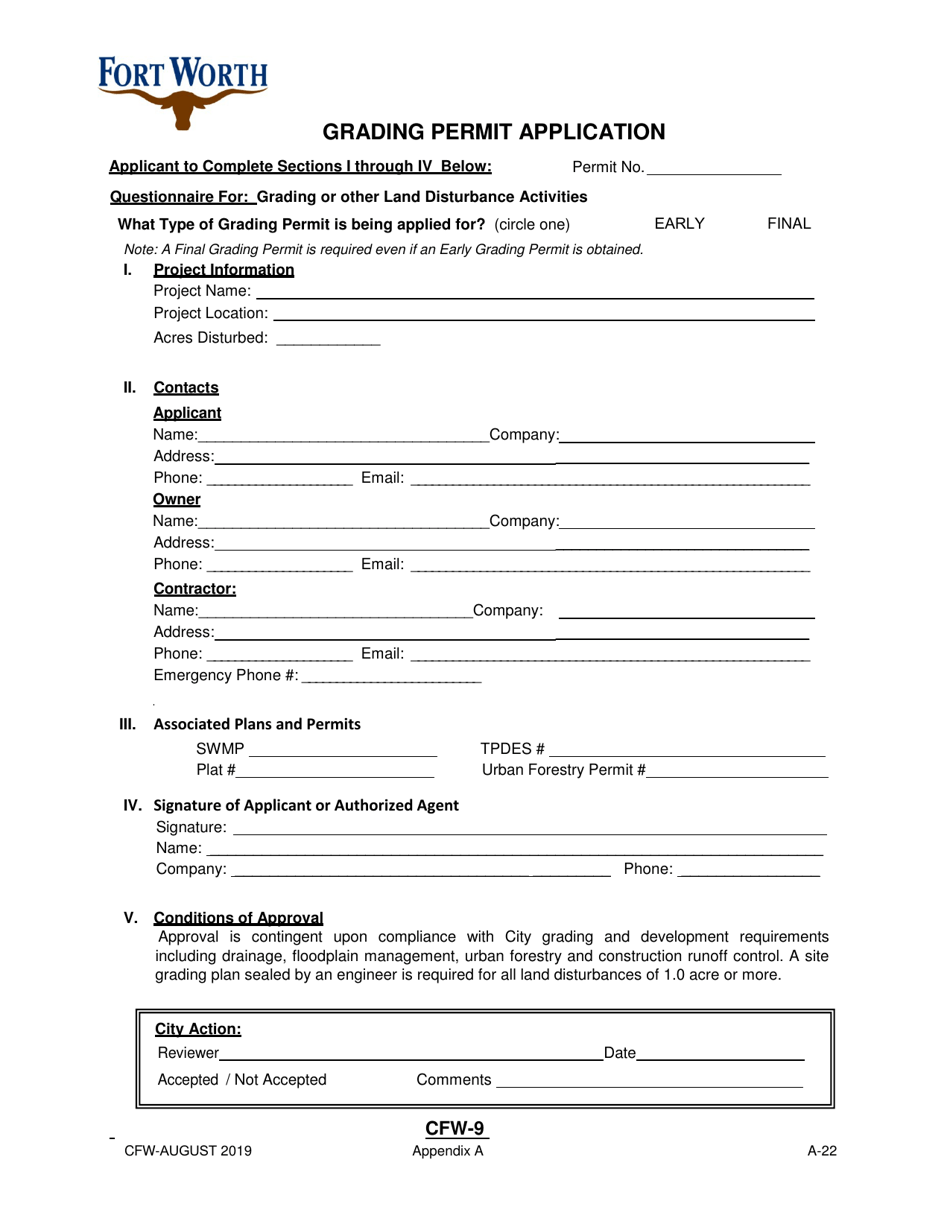 Form CFW-9 Appendix A Grading Permit Application - City of Fort Worth, Texas, Page 1
