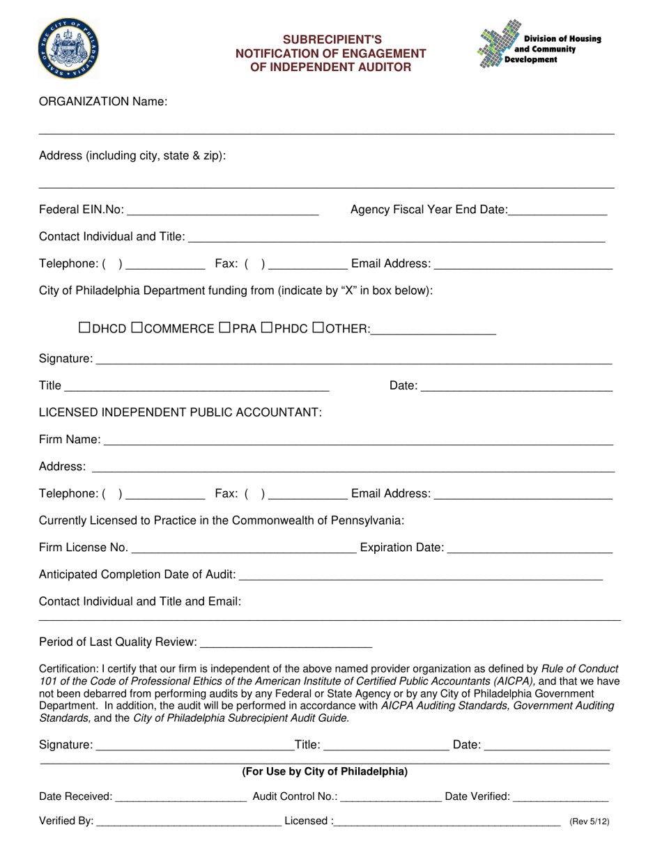 Subrecipients Notification of Engagement of Independent Auditor - City of Philadelphia, Pennsylvania, Page 1
