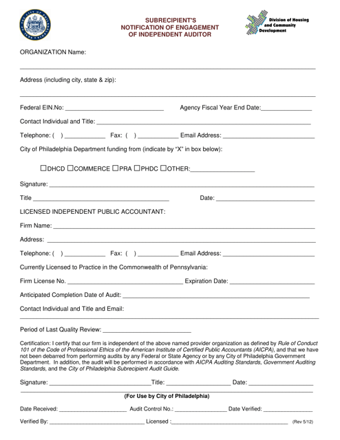 Subrecipient's Notification of Engagement of Independent Auditor - City of Philadelphia, Pennsylvania Download Pdf