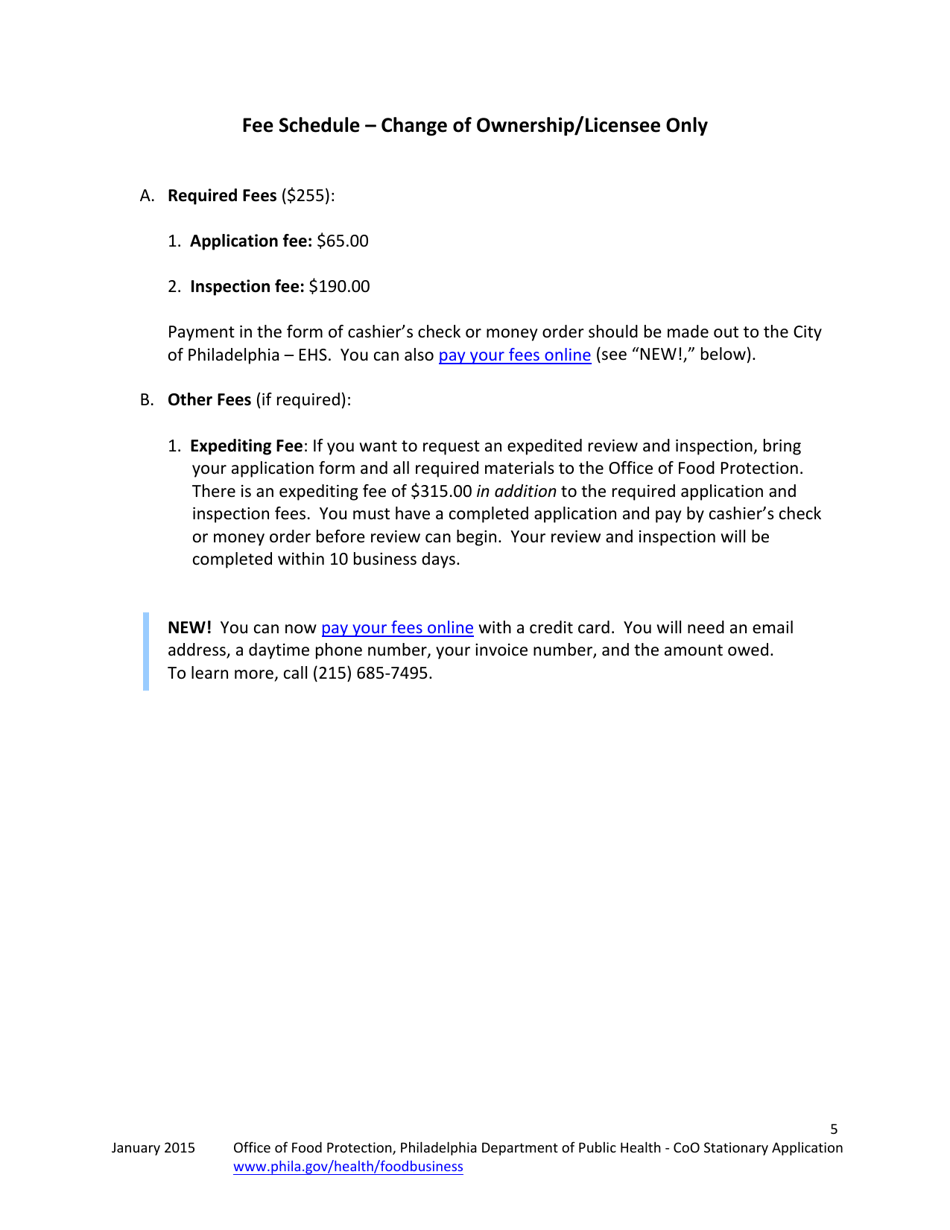 Food Business Plan Review for Change of Ownership / Licensee for Stationary Food Establishments - City of Philadelphia, Pennsylvania, Page 5