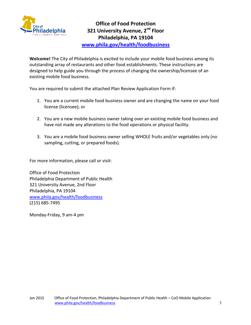 Mobile Food Businesses Plan Review for Change of Ownership and Licensee - City of Philadelphia, Pennsylvania, Page 3