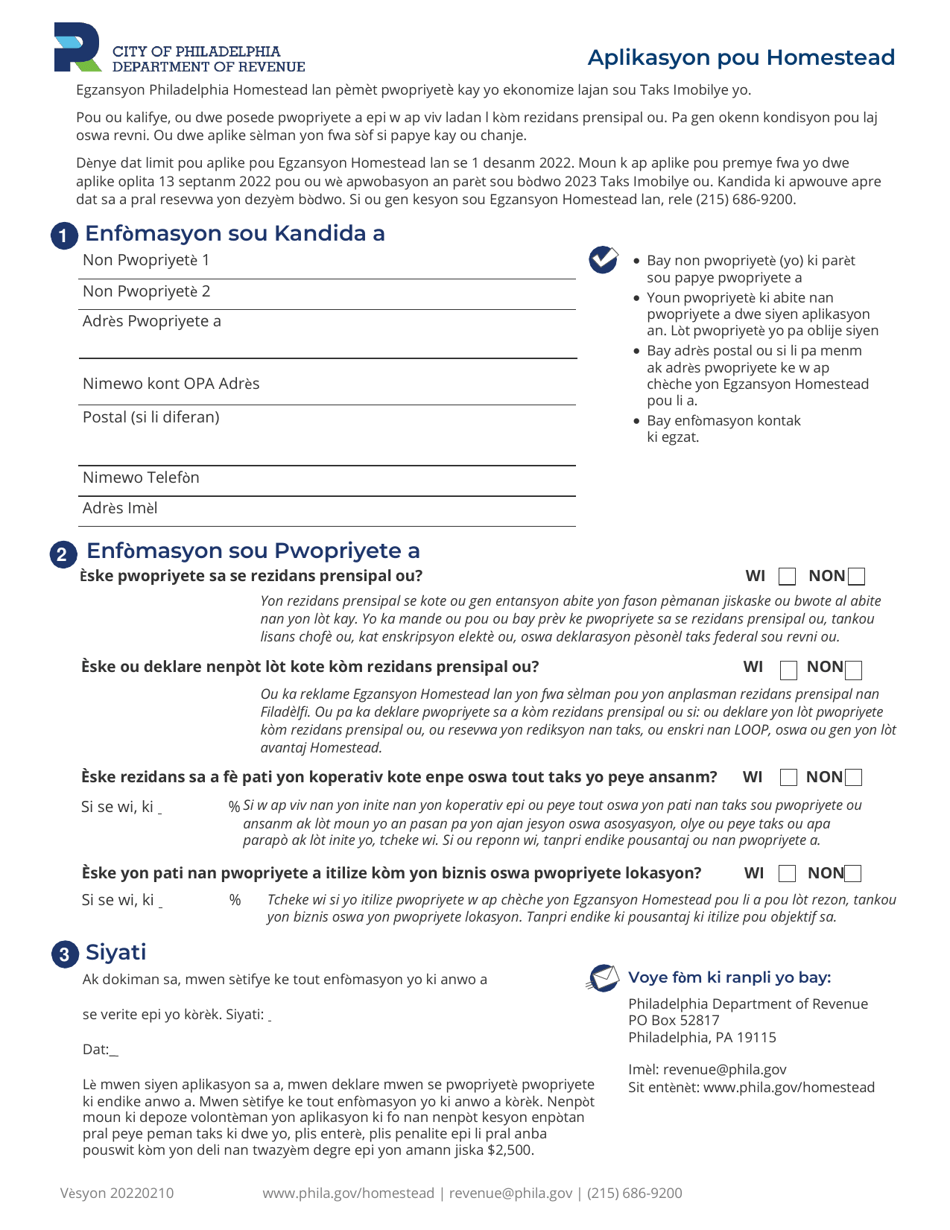 Homestead Exemption Application - City of Philadelphia, Pennsylvania (Haitian Creole), Page 1