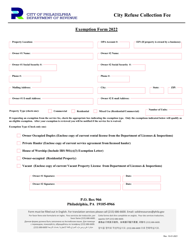 Document preview: City Refuse Collection Fee Exemption Form - City of Philadelphia, Pennsylvania